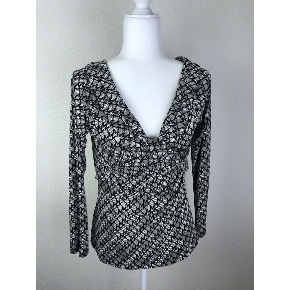 Michael Michael Kors Sz Small Black Bone Wrap V Neck Long Sleeve Top NWT